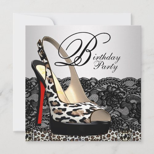 Black Lace Red Leopard Birthday Party Invitations