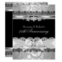 Black Lace & Silver Pearl Bow 25th Anniversary Invitation