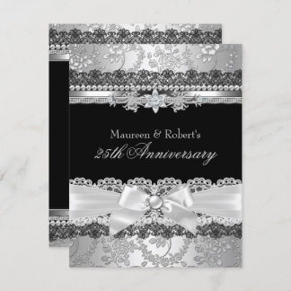 Black Lace & Silver Pearl Bow 25th Anniversary Invitation