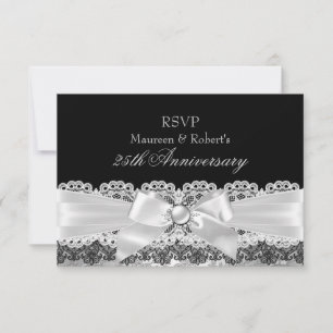 Black Lace & Silver Pearl Bow Anniversary RSVP