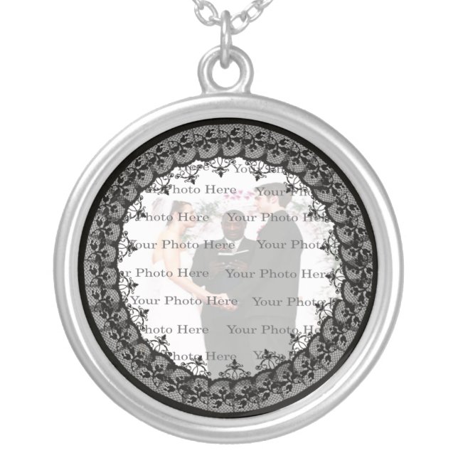 Black Lace Silver Round Photo Necklace (Front)