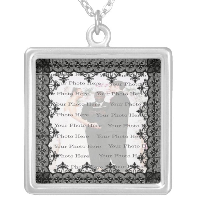 Black Lace Silver Square Photo Necklace (Front)