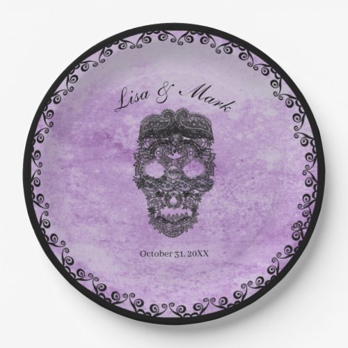 Black Lace Skull Purple Gothic Wedding Paper Plates