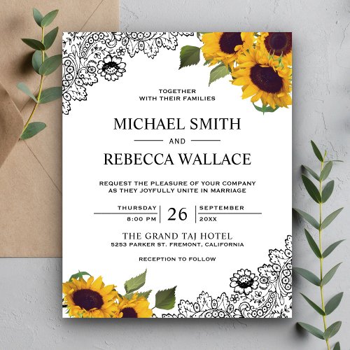 Black Lace Sunflower Budget Wedding Invitation
