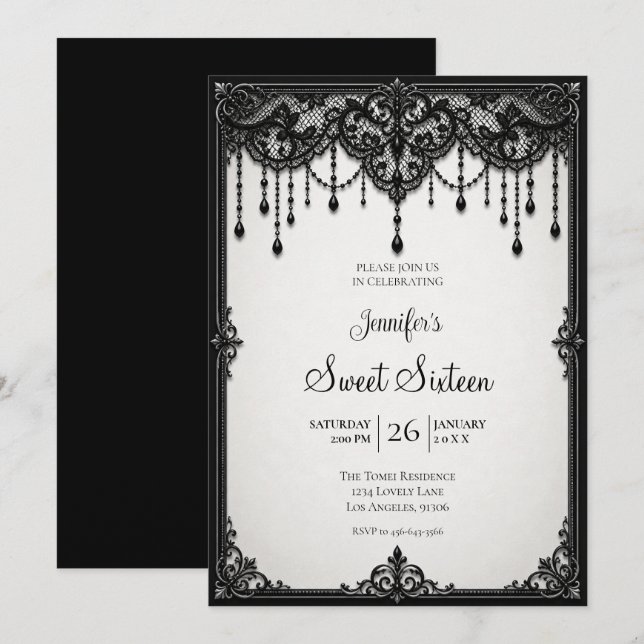 Black Lace Sweet 16 Birthdy Invitation (Front/Back)
