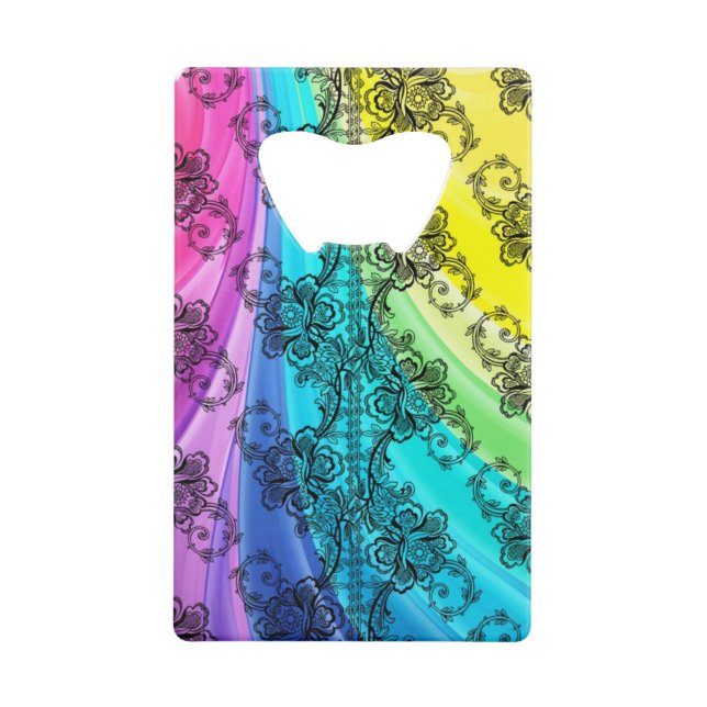 Black Lace Swirling Pastel Rainbow Credit Card Bottle Opener (Front)