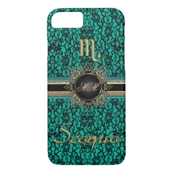 Black Lace Teal Monogram Scorpio Iphone 7 Case by UROCKSymbology at Zazzle