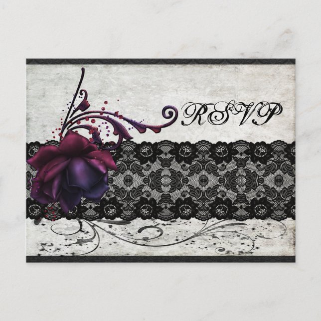 Black Lace Wedding RSVP Invitation Postcard (Front)