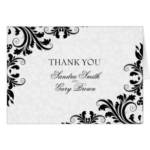 Black Lace White Floral Damask Cards