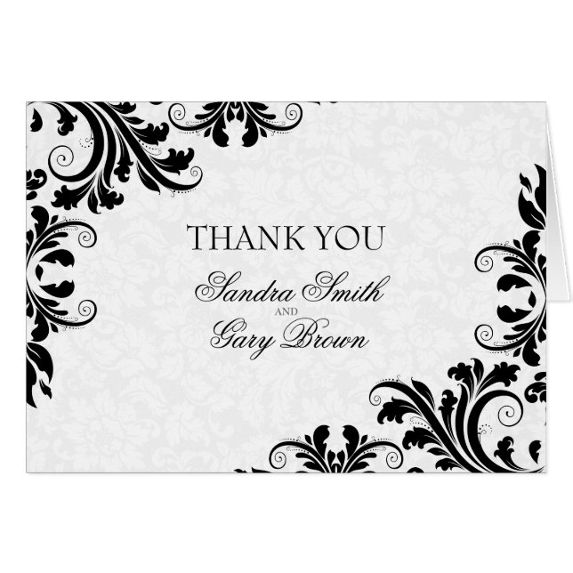 Black Lace White Floral Damask Cards (Front Horizontal)