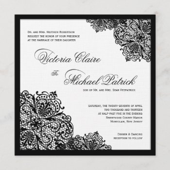 Black Lace White Linen Square Wedding Invitations by deluxebridal at Zazzle