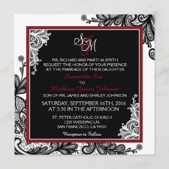Black Lace White Modern Goth Wedding Invitation by NouDesigns at Zazzle