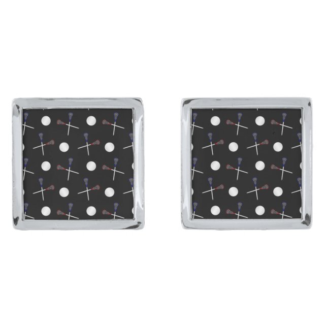 Black lacrosse pattern silver cufflinks (Front)