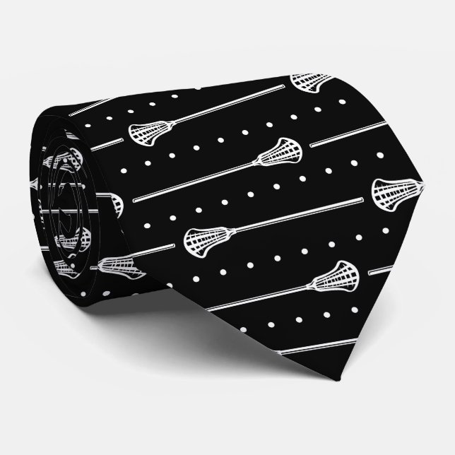 Black Lacrosse White Sticks & Dotted Lines Pattern Neck Tie (Rolled)