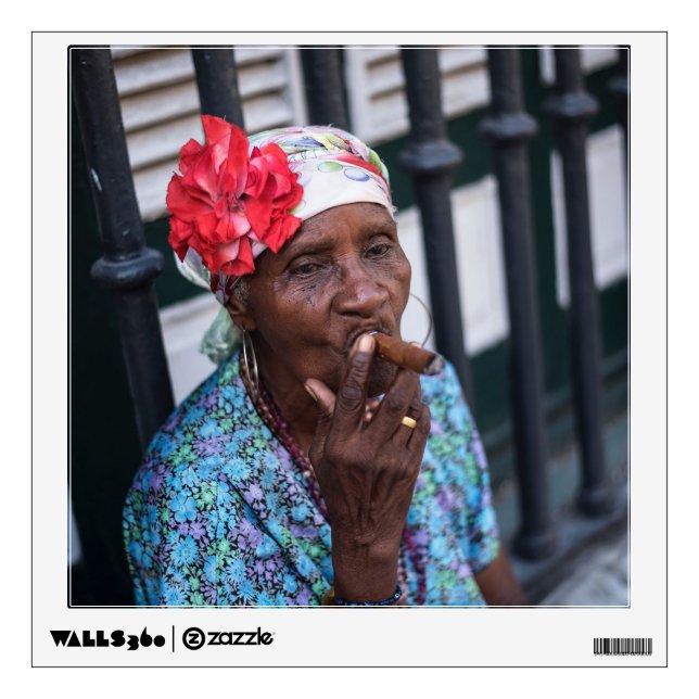 Black lady smoking a cigar with flower on head wall sticker (Front)