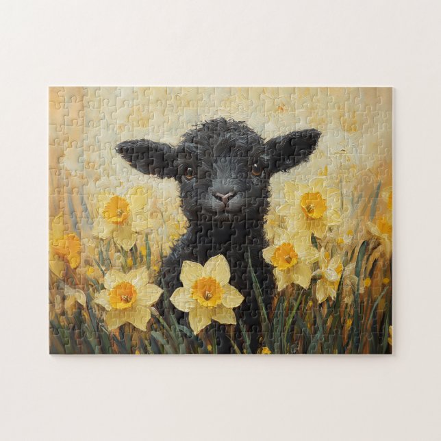 Black Lamb and Yellow Daffodils Painting Jigsaw Puzzle (Horizontal)