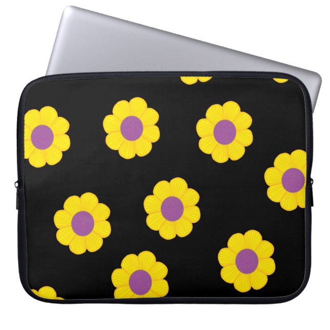 Black Laptop Case With Yellow Flowers Pattern (Front)