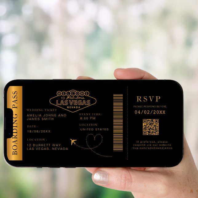 Black las vegas Boarding Pass Destination wedding  Invitation (Front Digital)