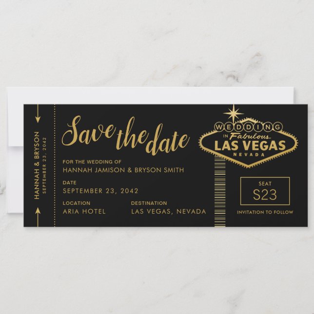 Black Las Vegas Boarding Pass Save the Date Card (Front)