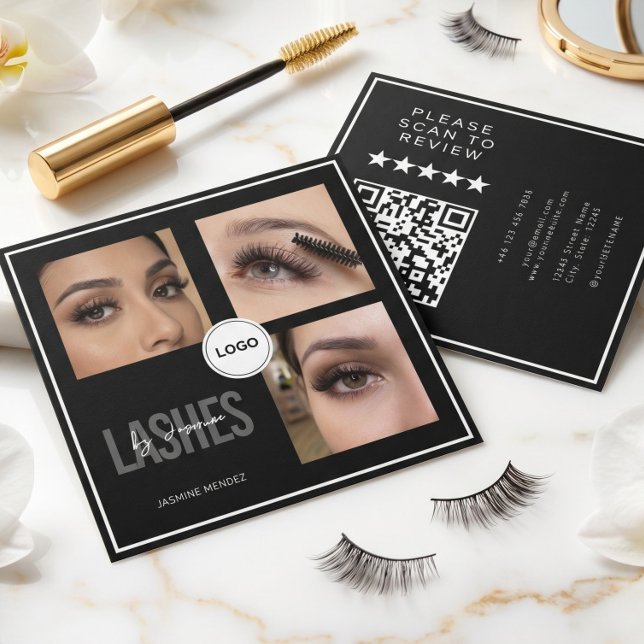 Black Lash Tech Photo Collage QR Code & Review  Square Business Card (Creator Uploaded)
