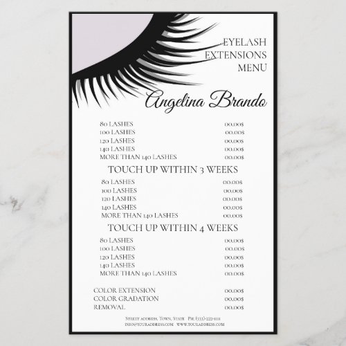 Black Lashes Eyelash Extensions White Price List Flyer