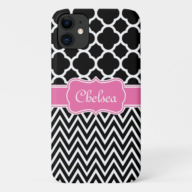 Black Lattice / Chevron Patterns Pink Name Case-Mate iPhone Case (Back)