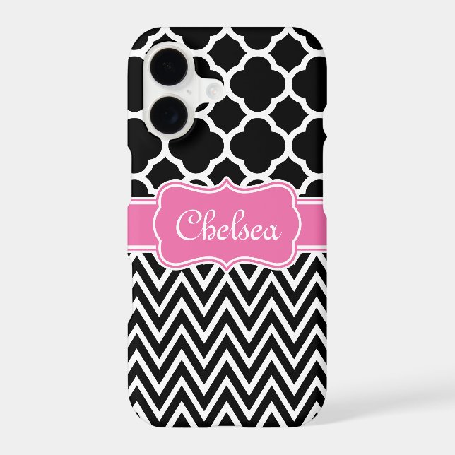 Black Lattice / Chevron Patterns Pink Name Case-Mate iPhone Case (Back)