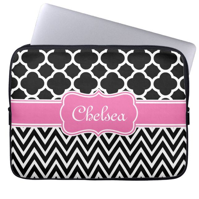 Black Lattice / Chevron Patterns Pink Name Laptop Sleeve (Front)
