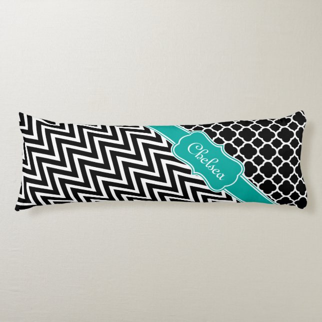 Black Lattice / Chevron Patterns Teal Name Body Pillow (Front)