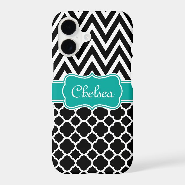Black Lattice / Chevron Patterns Teal Name Iphone Case (Back)