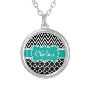 Black Lattice / Chevron Patterns Teal Name Silver Plated Necklace