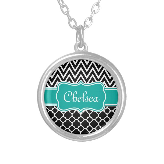 Black Lattice / Chevron Patterns Teal Name Silver Plated Necklace (Front)