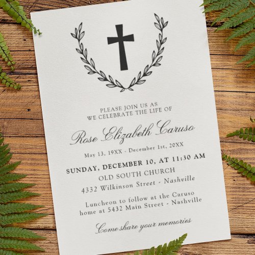Black Laurel Wreath Cross Celebration of Life Invitation