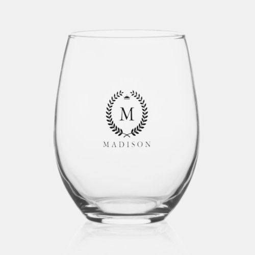 Black Laurel Wreath Crown Custom Monogram Stemless Wine Glass