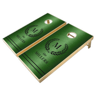 Black Laurel Wreath Metallic Green Background Cornhole Set