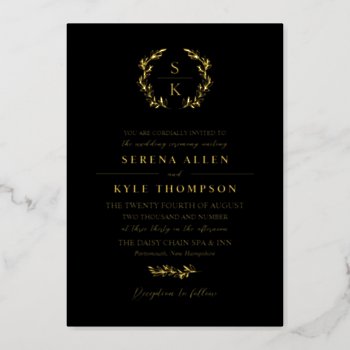 Black Laurel Wreath Monogram Typography Wedding Foil Invitation by Paperpaperpaper at Zazzle