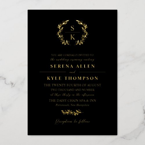 Black Laurel Wreath Monogram Typography Wedding Foil Invitation