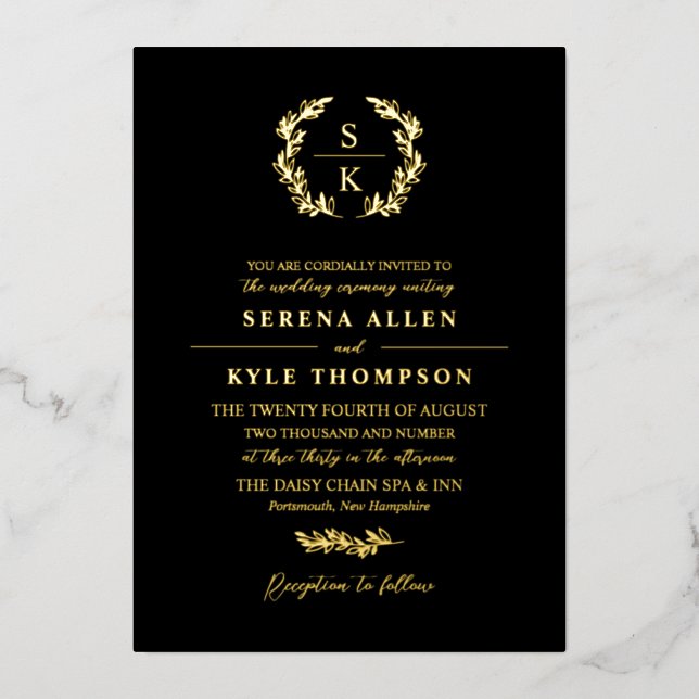 Black Laurel Wreath Monogram Typography Wedding Foil Invitation (Front)