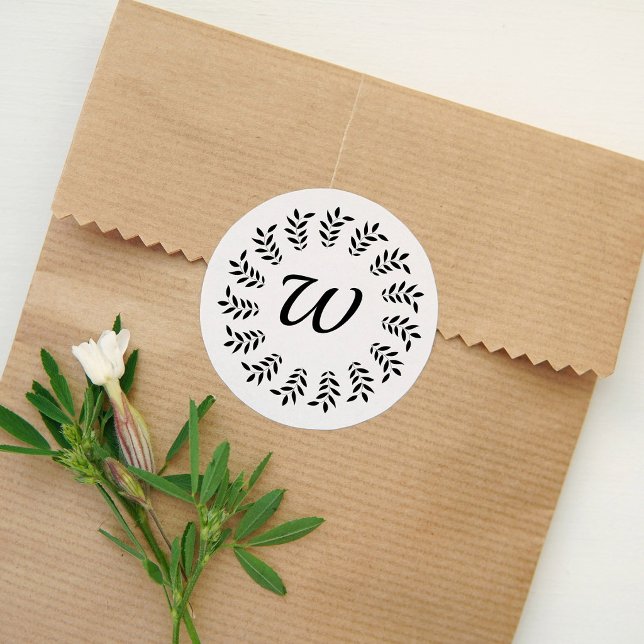 Black laurel wreath monogrammed classic round sticker (Creator Uploaded)