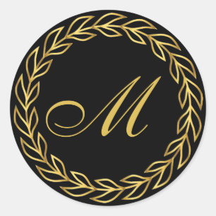 Black Laurel Wreath with Custom Monogram Classic Round Sticker