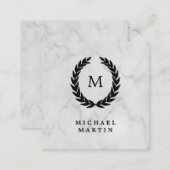 Black Laurel Wreath with Monogram on Marble Look Square Business Card (Front/Back)