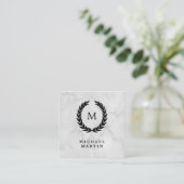 Black Laurel Wreath with Monogram on Marble Look Square Business Card (Standing Front)