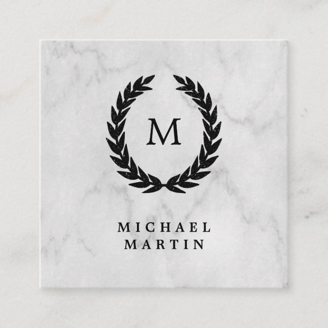 Black Laurel Wreath with Monogram on Marble Look Square Business Card (Front)