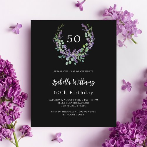 Black lavender florals budget birthday invitation