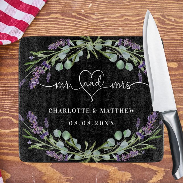 Black lavender florals greenery mr mrs heart cutting board (Creator Uploaded)