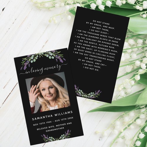 Black lavender florals photo funeral prayer card
