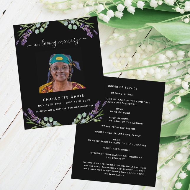 Black lavender florals photo funeral program (Creator Uploaded)