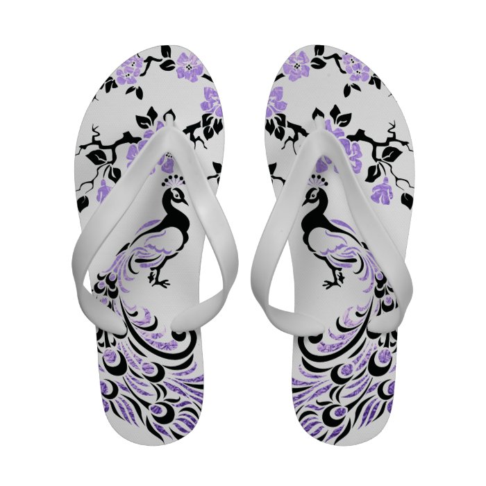 Black, lavender peacock and cherry blossoms Flip Flops