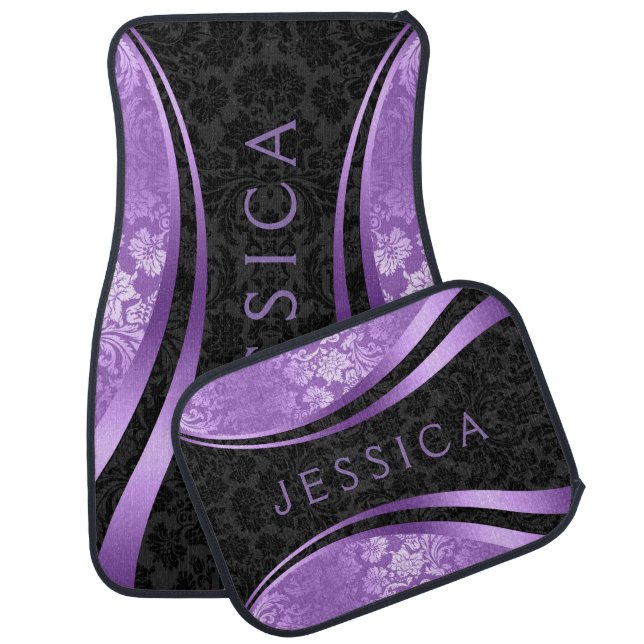 Black & Lavender Purple Damasks Dynamic Stripes Car Mat (Set)