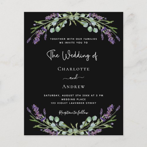 Black lavender QR RSVP budget wedding invitation
